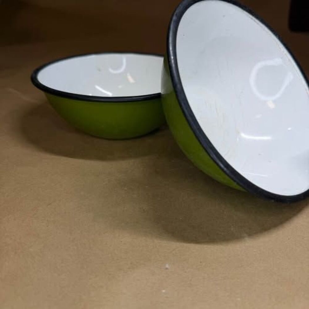 Vintage OTO Japan Enamelware Bowls Set of 2 Green White Black Rim Japanese